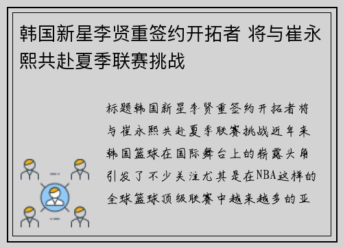 韩国新星李贤重签约开拓者 将与崔永熙共赴夏季联赛挑战