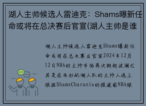 湖人主帅候选人雷迪克：Shams曝新任命或将在总决赛后官宣(湖人主帅是谁)