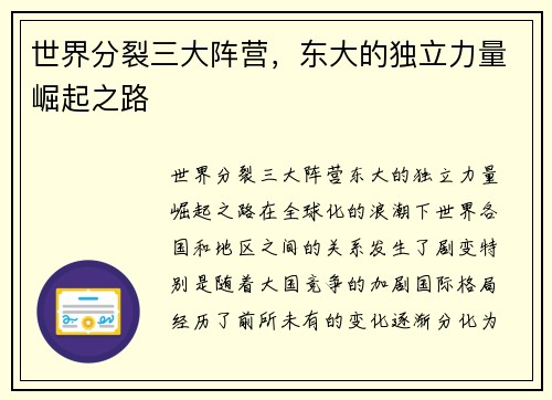 世界分裂三大阵营，东大的独立力量崛起之路