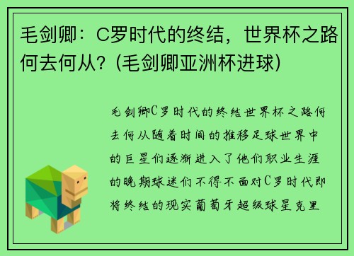 毛剑卿：C罗时代的终结，世界杯之路何去何从？(毛剑卿亚洲杯进球)