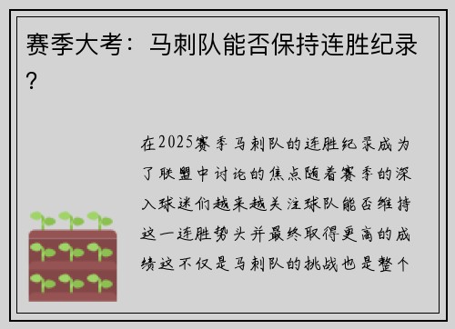 赛季大考:马刺队能否保持连胜纪录?