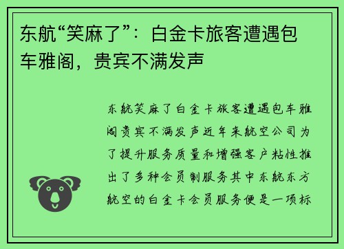 东航“笑麻了”:白金卡旅客遭遇包车雅阁,贵宾不满发声