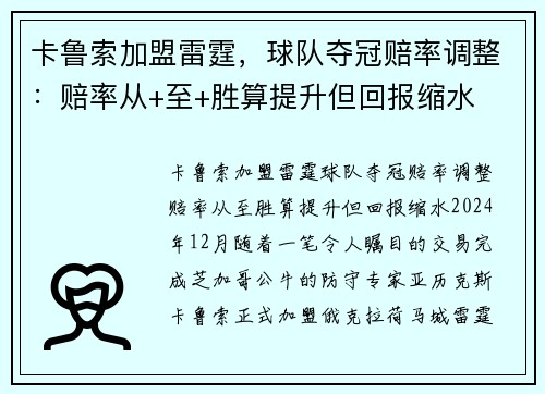 卡鲁索加盟雷霆，球队夺冠赔率调整：赔率从+至+胜算提升但回报缩水