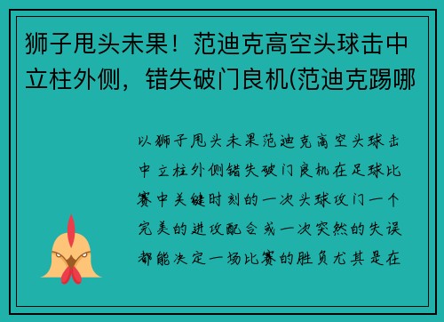 狮子甩头未果！范迪克高空头球击中立柱外侧，错失破门良机(范迪克踢哪边)